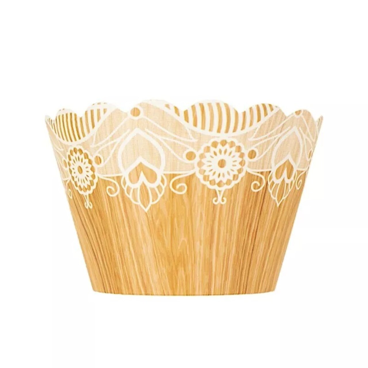 25 Natural White Cupcake Liners Muffin Wrappers Wood Lace Printed Design Party